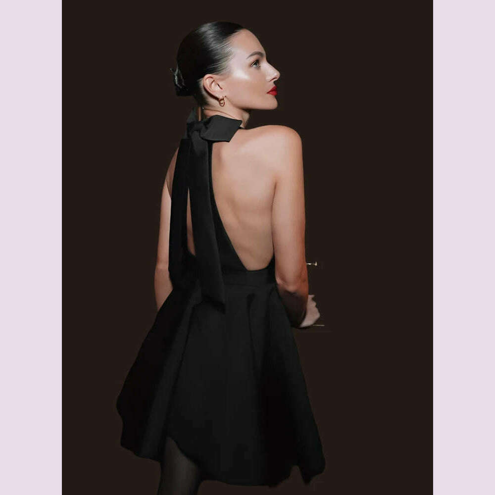 Mnealways18 Party Black A-Line Satin Dress For Women Halter Neck Backless Sexy Evening Dress Summer 2024 Pockets Mini Dress Lady - KIMLUD