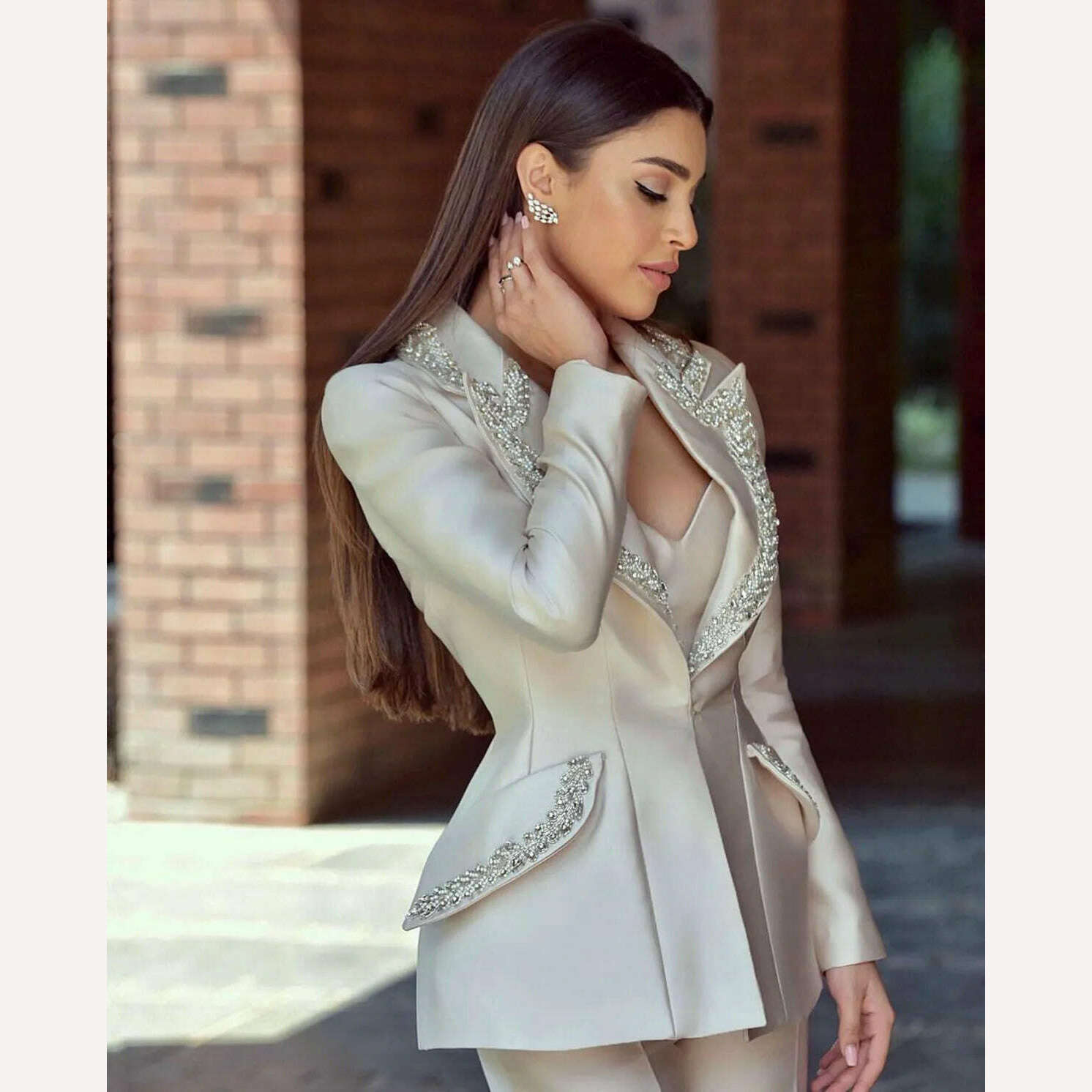 Modern Crystal Women Suits 2 Pieces One Button Shiny Pocket Blazer Custom Made Fashion Slim Fit Elegant Celebrity Jacket - KIMLUD