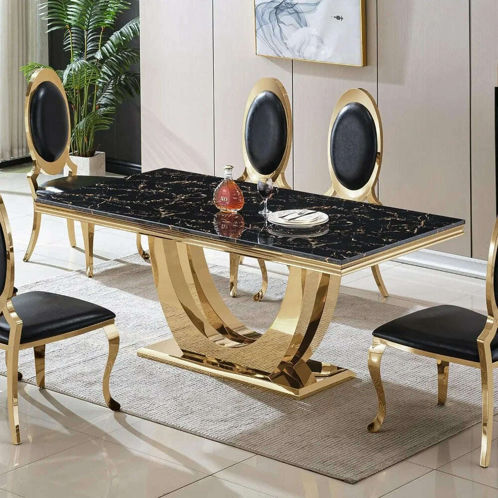 Modern Marble Dining Table, Luxurious Kitchen Table, Equipped with A Golden Geometric U-shaped Stainless Steel Base - KIMLUD