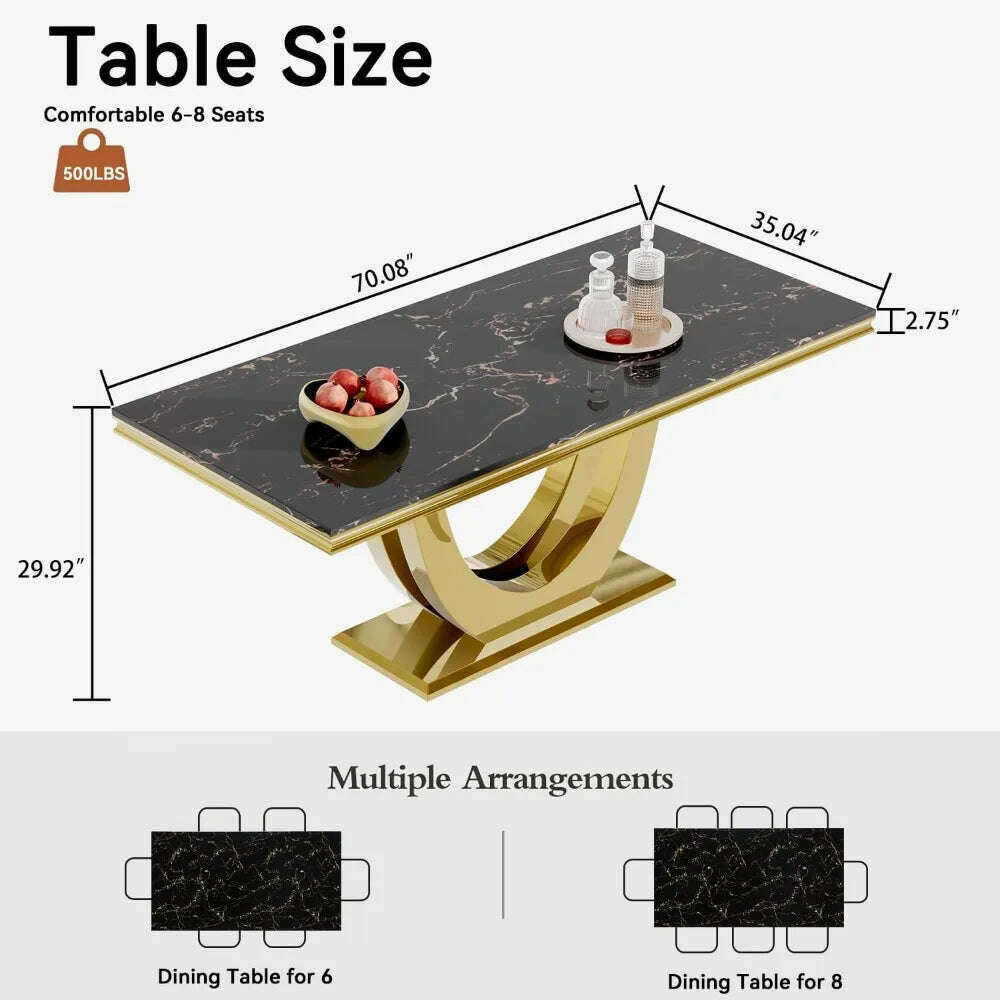 KIMLUD, Modern Marble Dining Table, Luxurious Kitchen Table, Equipped with A Golden Geometric U-shaped Stainless Steel Base, KIMLUD Womens Clothes