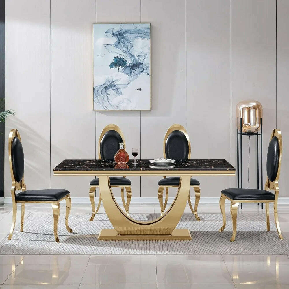 KIMLUD, Modern Marble Dining Table, Luxurious Kitchen Table, Equipped with A Golden Geometric U-shaped Stainless Steel Base, KIMLUD Womens Clothes