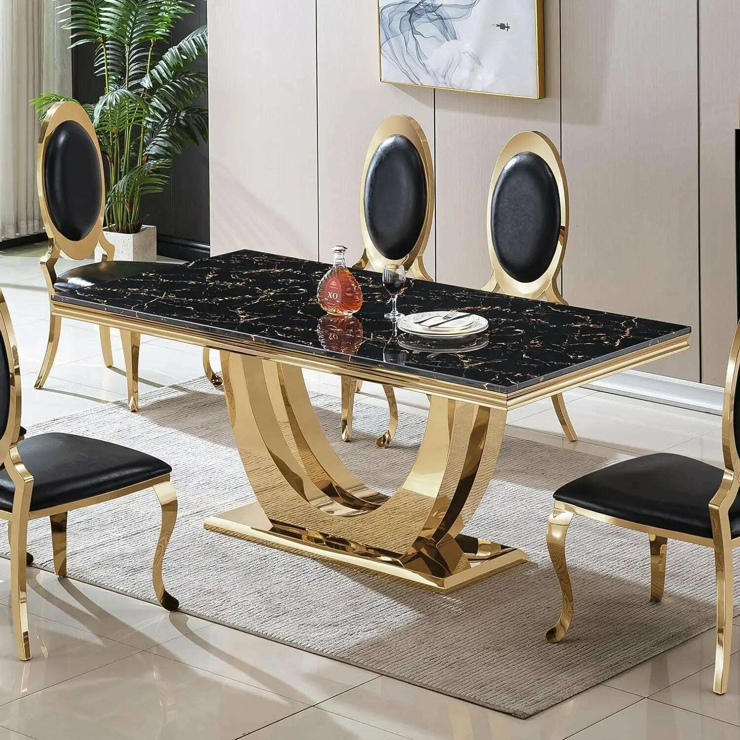 KIMLUD, Modern Marble Dining Table, Luxurious Kitchen Table, Equipped with A Golden Geometric U-shaped Stainless Steel Base, C-black Gold / United States, KIMLUD APPAREL - Womens Clothes