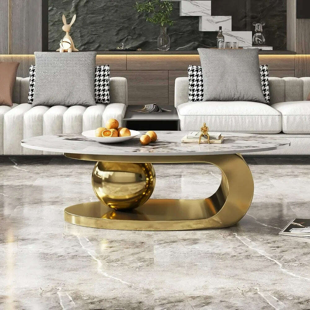 KIMLUD, Modern Oval Stone Coffee Table with Abstract Gold Metal Base - Perfect Centerpiece for Stylish Living Rooms Coffee Tables, KIMLUD Womens Clothes