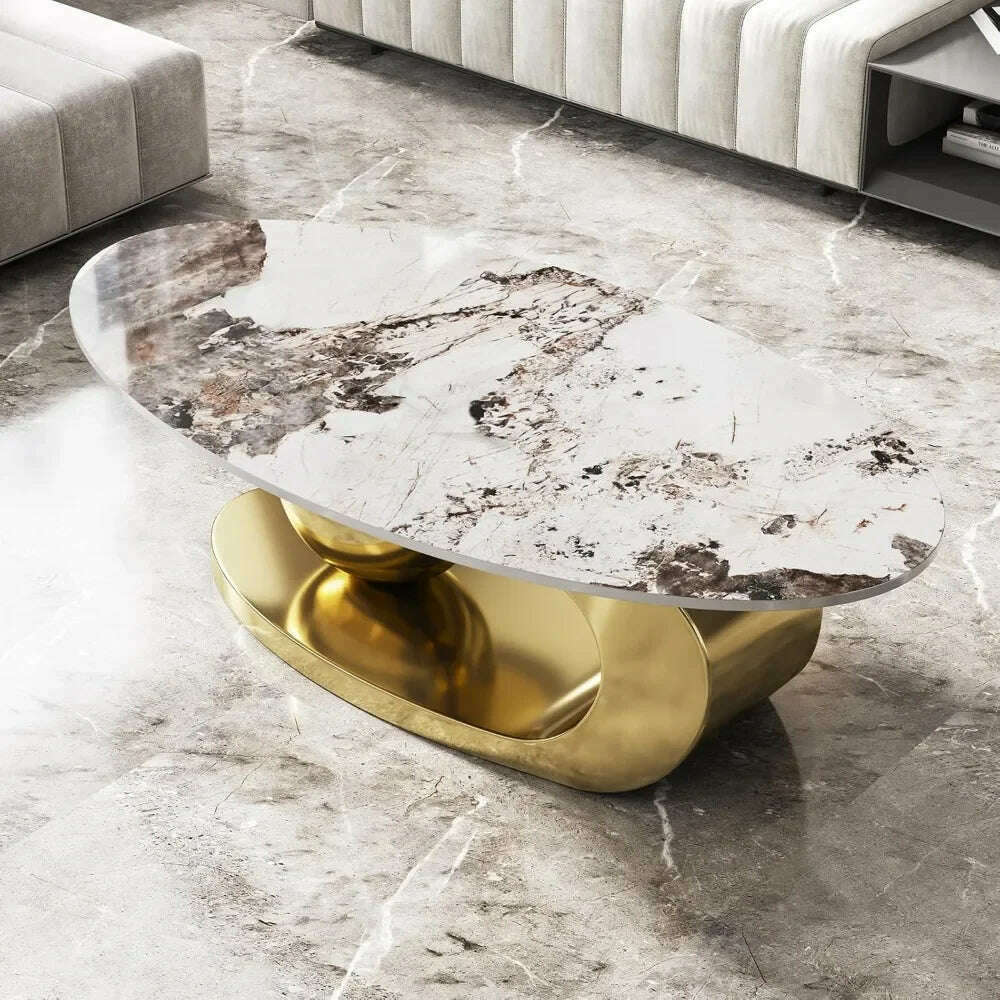 KIMLUD, Modern Oval Stone Coffee Table with Abstract Gold Metal Base - Perfect Centerpiece for Stylish Living Rooms Coffee Tables, KIMLUD Womens Clothes