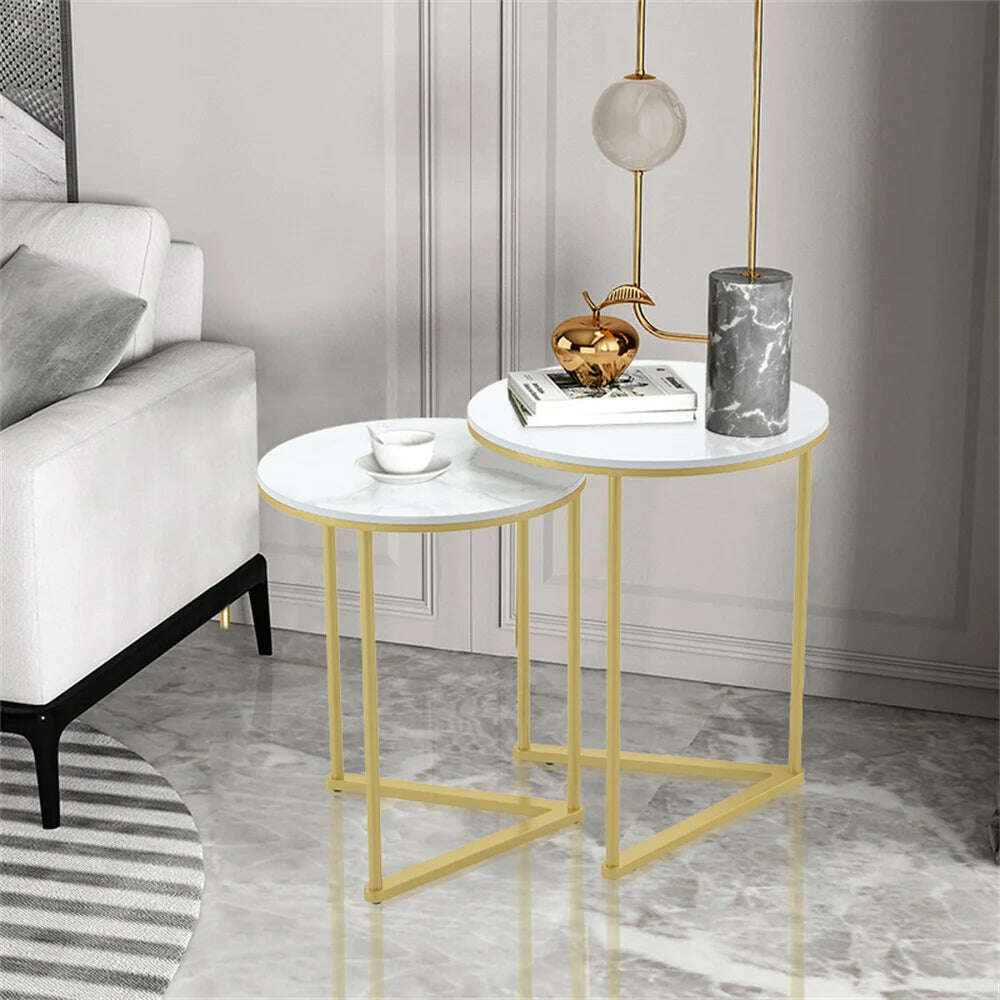 KIMLUD, Modern Round Marble Metal Base Nesting Set Side Accent Table Living Room Storage Small End Table, Set of 2, Marble and Gold, KIMLUD Womens Clothes