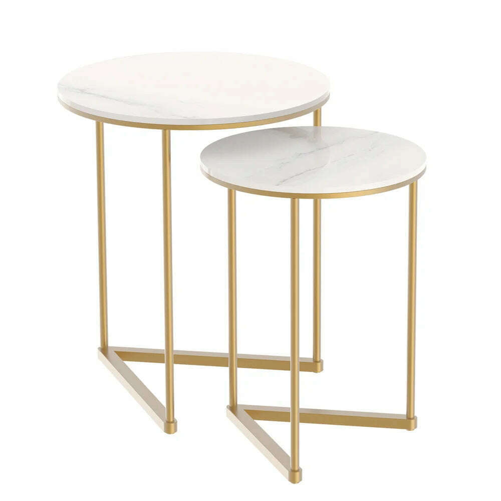 Modern Round Marble Metal Base Nesting Set Side Accent Table Living Room Storage Small End Table, Set of 2, Marble and Gold - KIMLUD