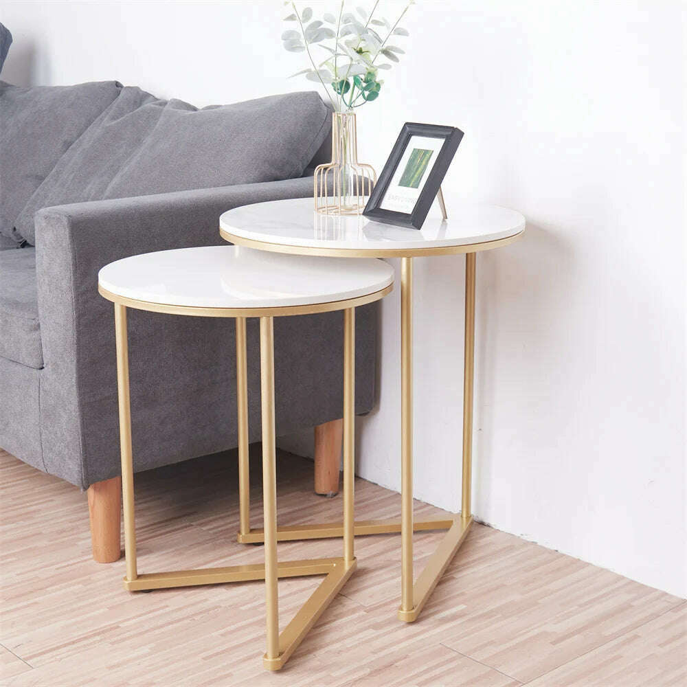 Modern Round Marble Metal Base Nesting Set Side Accent Table Living Room Storage Small End Table, Set of 2, Marble and Gold - KIMLUD