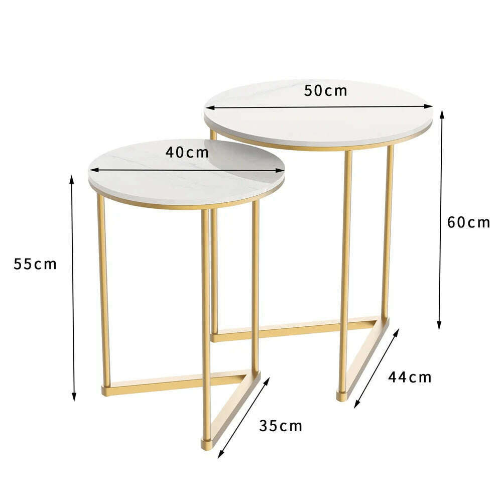 Modern Round Marble Metal Base Nesting Set Side Accent Table Living Room Storage Small End Table, Set of 2, Marble and Gold - KIMLUD