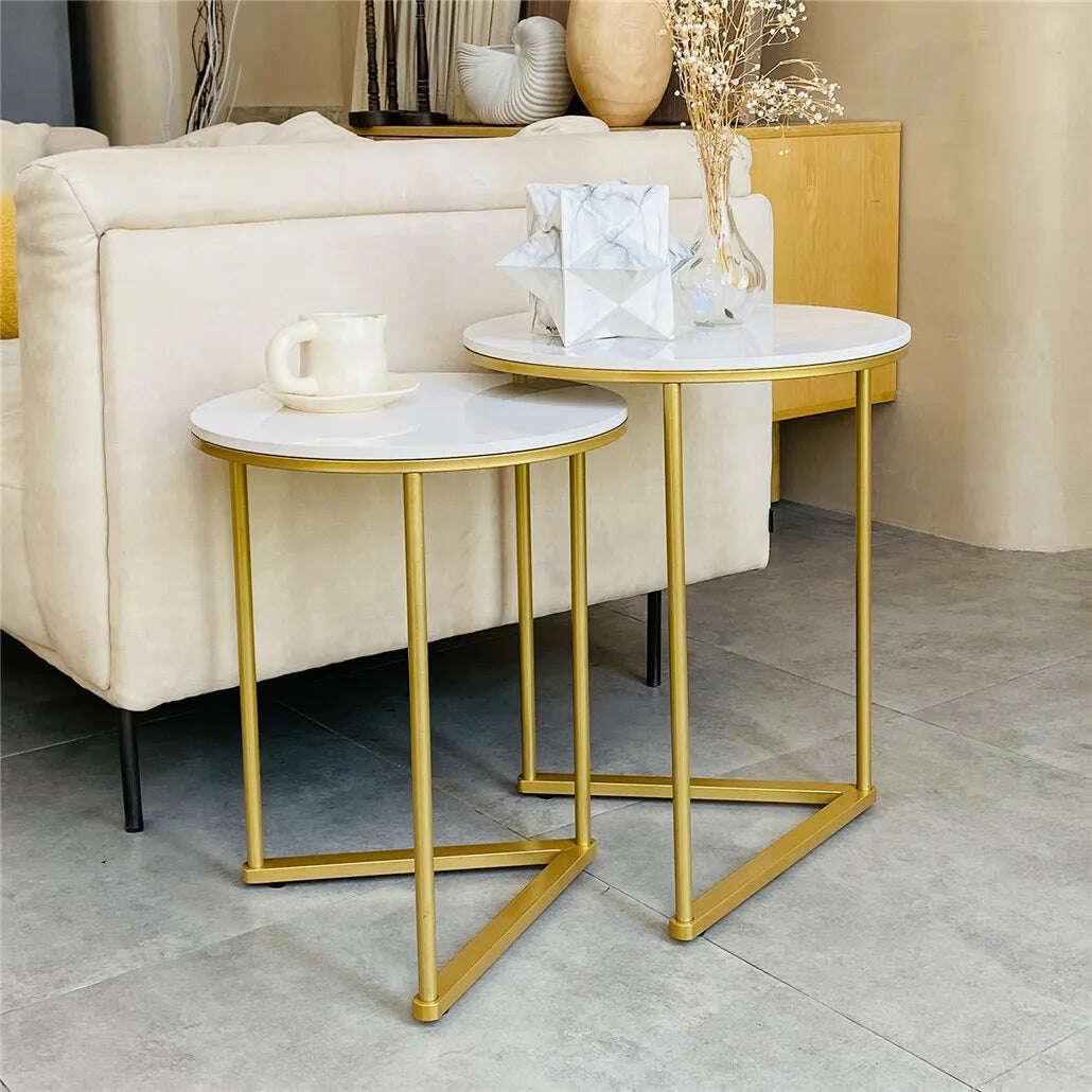 Modern Round Marble Metal Base Nesting Set Side Accent Table Living Room Storage Small End Table, Set of 2, Marble and Gold - KIMLUD