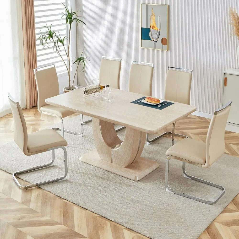 Modern Wooden Dining Table Set for6,Rectangula Kitchen Table Set with Faux Marble Tabletop＆6 Pu Leather Upholstered Chairs Ideal - KIMLUD