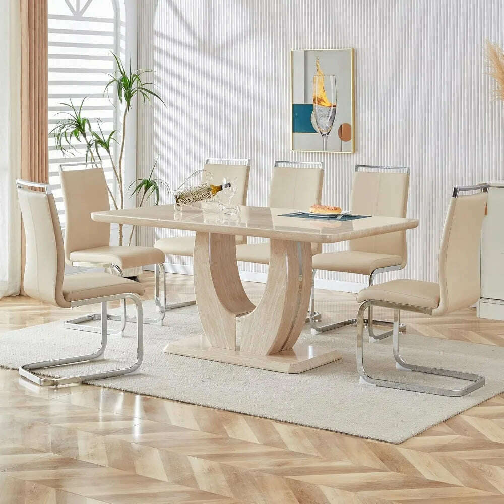 KIMLUD, Modern Wooden Dining Table Set for6,Rectangula Kitchen Table Set with Faux Marble Tabletop＆6 Pu Leather Upholstered Chairs Ideal, KIMLUD Womens Clothes