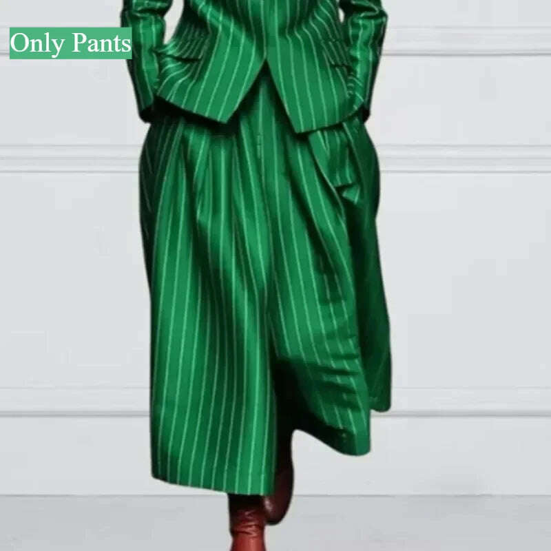 KIMLUD, Modigirl Winter Clothes Trendy Pants Suits Set Office for Women 2024 Autumn British Striped Loose Wide Leg Womens England Capris, Only Pants Green / L, KIMLUD APPAREL - Womens Clothes