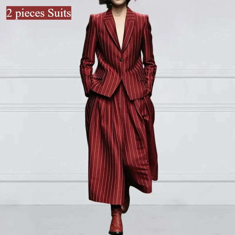 KIMLUD, Modigirl Winter Clothes Trendy Pants Suits Set Office for Women 2024 Autumn British Striped Loose Wide Leg Womens England Capris, Red 2 pieces Suits / M, KIMLUD APPAREL - Womens Clothes