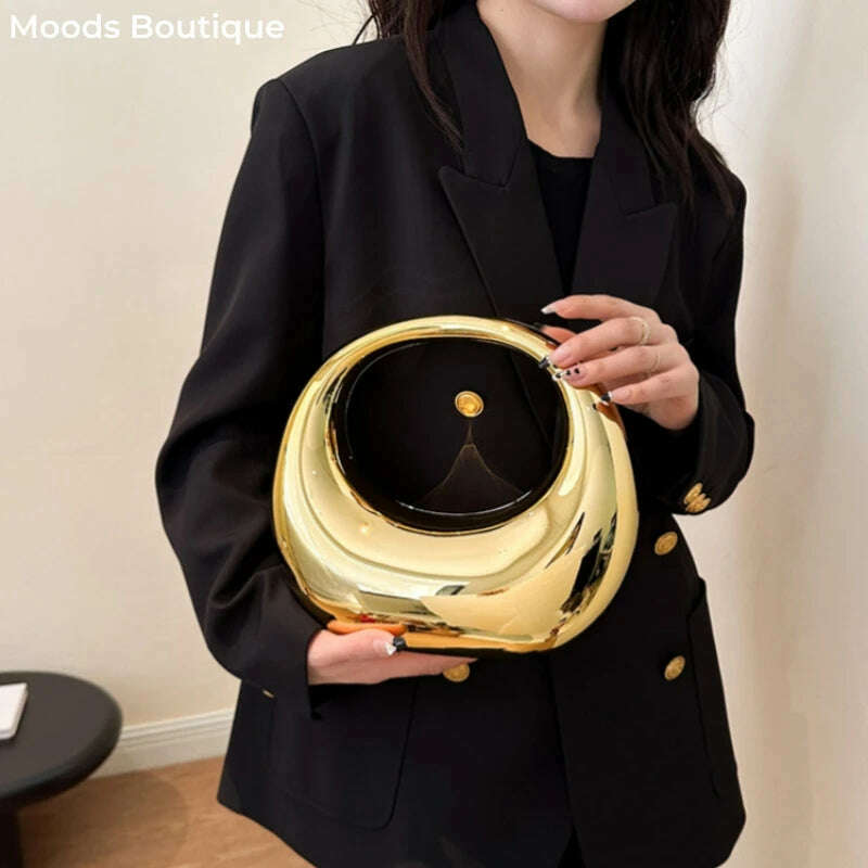 MOODS Golden Evening Handbag For Women PVC Wrist Bag Dinner Party Wedding Round Handle Clutch Purse 2024 Luxury Designer Handbag - KIMLUD