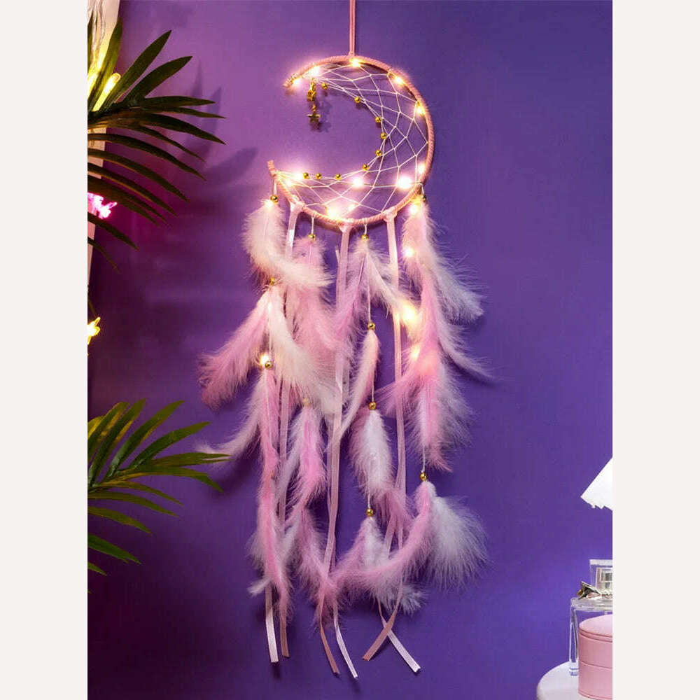 KIMLUD, Moon Dream Catcher Feather Wind Chimes Hand-woven Wall Bedroom Hanging Ornaments Birthday Festival Gifts Home Decoration Crafts, KIMLUD Womens Clothes