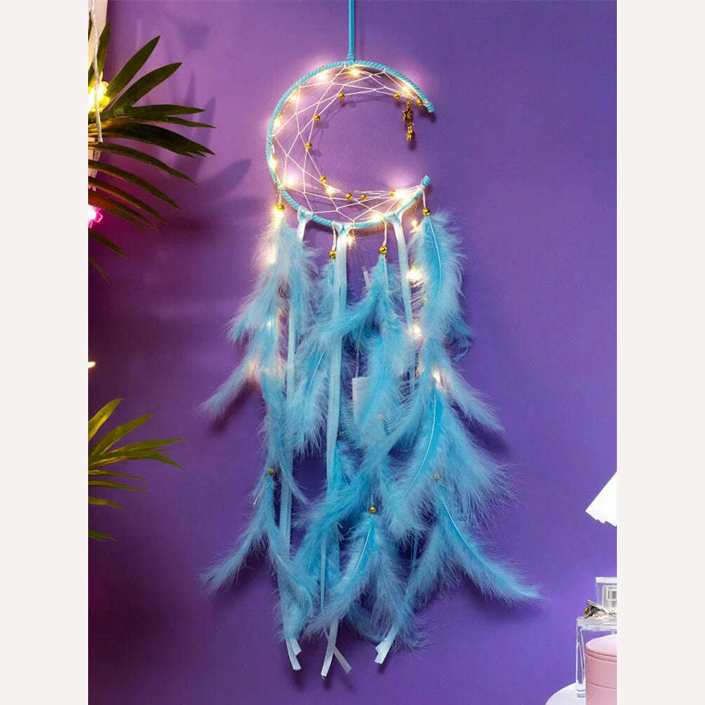 KIMLUD, Moon Dream Catcher Feather Wind Chimes Hand-woven Wall Bedroom Hanging Ornaments Birthday Festival Gifts Home Decoration Crafts, KIMLUD Womens Clothes