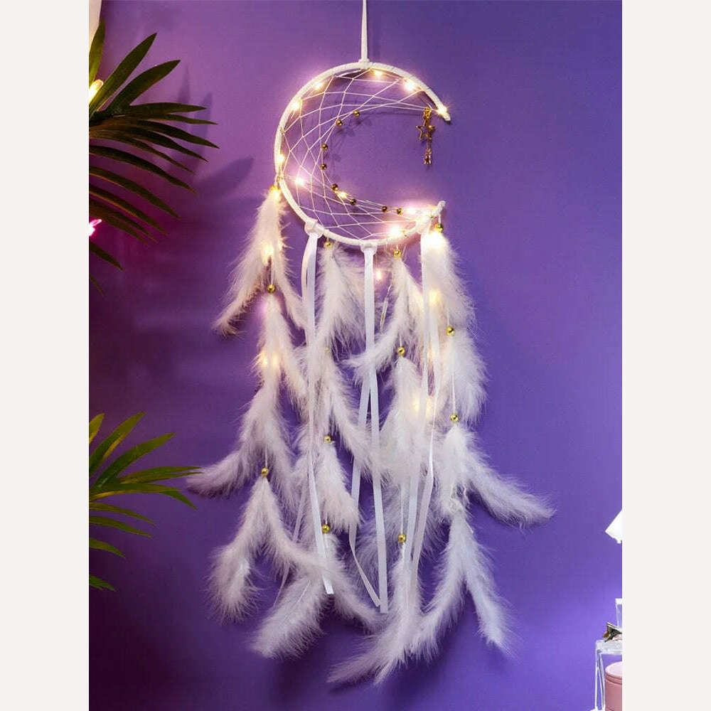 Moon Dream Catcher Feather Wind Chimes Hand-woven Wall Bedroom Hanging Ornaments Birthday Festival Gifts Home Decoration Crafts - KIMLUD