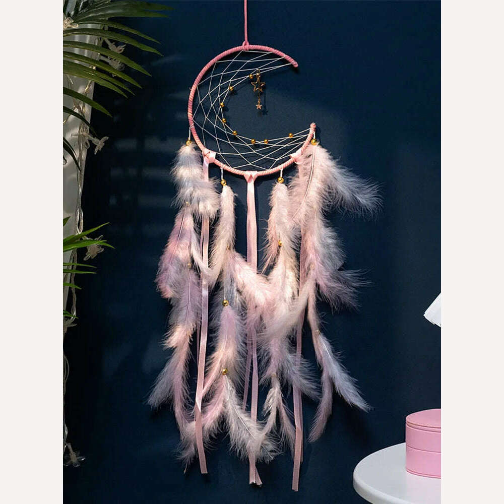 Moon Dream Catcher Feather Wind Chimes Hand-woven Wall Bedroom Hanging Ornaments Birthday Festival Gifts Home Decoration Crafts - KIMLUD