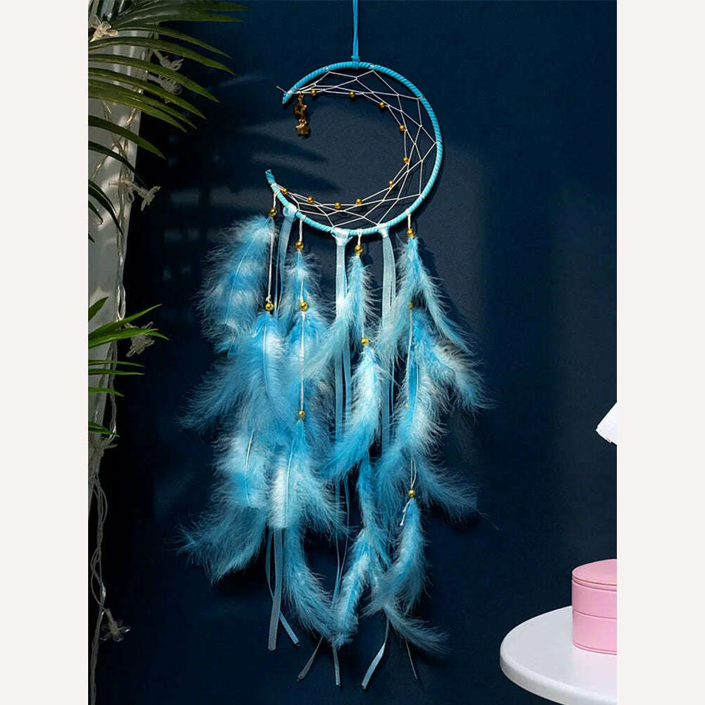 Moon Dream Catcher Feather Wind Chimes Hand-woven Wall Bedroom Hanging Ornaments Birthday Festival Gifts Home Decoration Crafts - KIMLUD