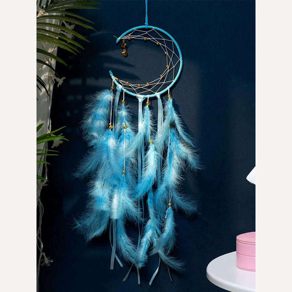 Moon Dream Catcher Feather Wind Chimes Hand-woven Wall Bedroom Hanging Ornaments Birthday Festival Gifts Home Decoration Crafts - KIMLUD