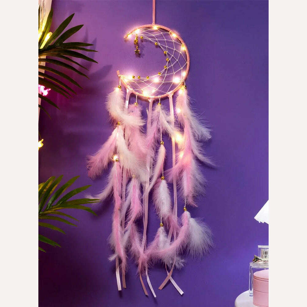 KIMLUD, Moon Dream Catcher Feather Wind Chimes Hand-woven Wall Bedroom Hanging Ornaments Birthday Festival Gifts Home Decoration Crafts, Pink With Light, KIMLUD APPAREL - Womens Clothes