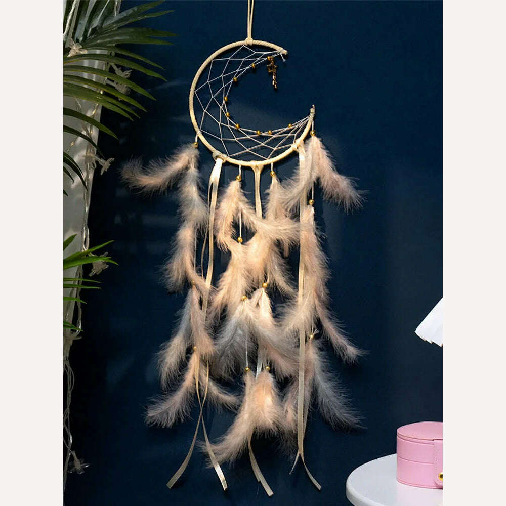 KIMLUD, Moon Dream Catcher Feather Wind Chimes Hand-woven Wall Bedroom Hanging Ornaments Birthday Festival Gifts Home Decoration Crafts, Cream, KIMLUD APPAREL - Womens Clothes