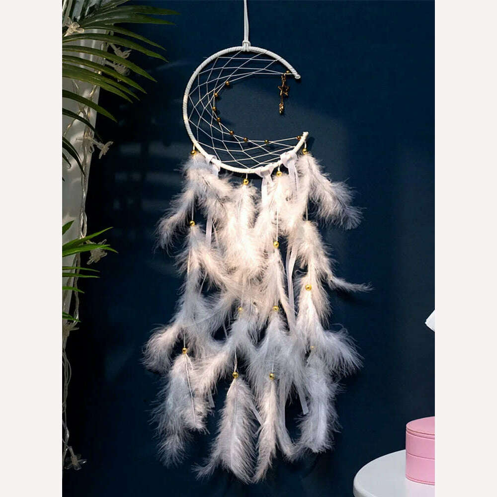 KIMLUD, Moon Dream Catcher Feather Wind Chimes Hand-woven Wall Bedroom Hanging Ornaments Birthday Festival Gifts Home Decoration Crafts, White, KIMLUD APPAREL - Womens Clothes