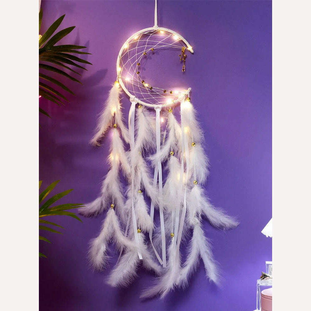 KIMLUD, Moon Dream Catcher Feather Wind Chimes Hand-woven Wall Bedroom Hanging Ornaments Birthday Festival Gifts Home Decoration Crafts, KIMLUD Womens Clothes