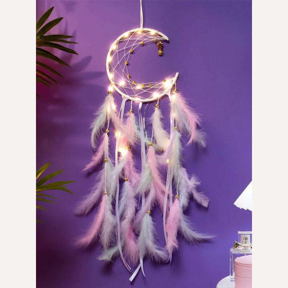 KIMLUD, Moon Dream Catcher Feather Wind Chimes Hand-woven Wall Bedroom Hanging Ornaments Birthday Festival Gifts Home Decoration Crafts, KIMLUD Womens Clothes