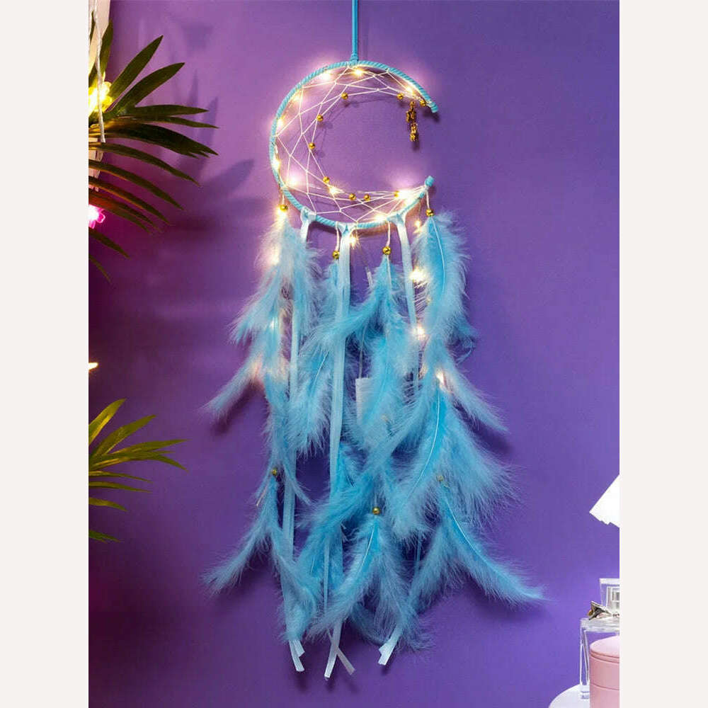 KIMLUD, Moon Dream Catcher Feather Wind Chimes Hand-woven Wall Bedroom Hanging Ornaments Birthday Festival Gifts Home Decoration Crafts, Blue With Light, KIMLUD APPAREL - Womens Clothes