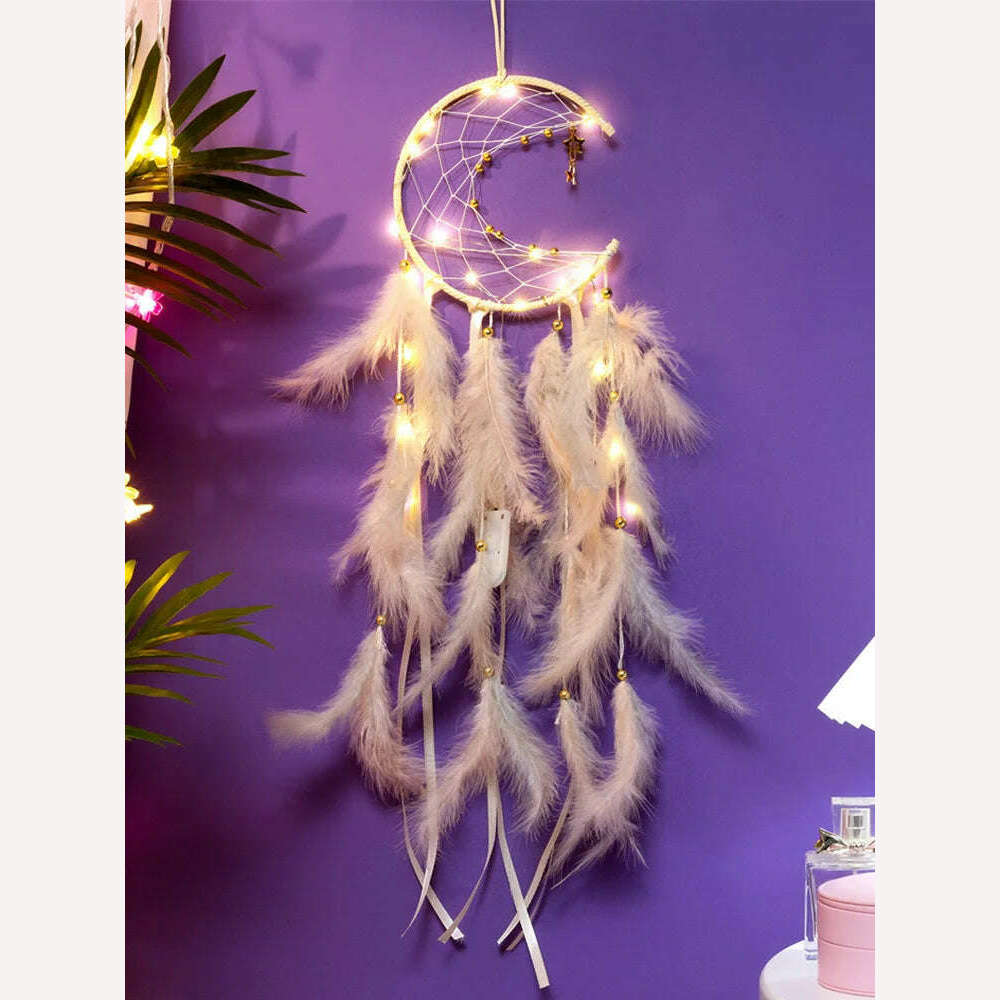 KIMLUD, Moon Dream Catcher Feather Wind Chimes Hand-woven Wall Bedroom Hanging Ornaments Birthday Festival Gifts Home Decoration Crafts, Cream With Light, KIMLUD APPAREL - Womens Clothes