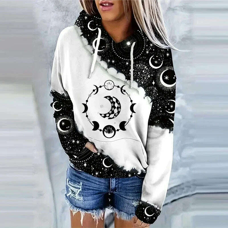 KIMLUD, Moon Print Drawstring Hoodie Casual Long Sleeve Hooded Sweatshirt Women's Clothing, 2 / S, KIMLUD APPAREL - Womens Clothes