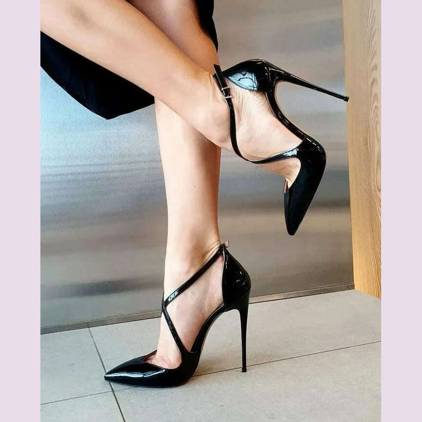 KIMLUD, Moraima Snc Black Patent Leather High Heel Shoes Sexy Pointed Toe Cross-tied Cutouts Thin Heels Pumps Women Heels, KIMLUD Womens Clothes