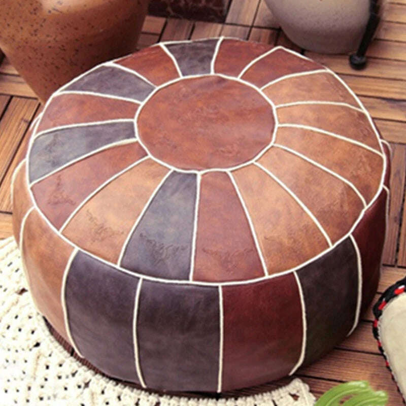 KIMLUD, Moroccan PU Leather Pouf Embroider Craft Hassock Ottoman Footstool Home Decor Round 55cm Artificial Leather Unstuffed Cushion, 04, KIMLUD APPAREL - Womens Clothes