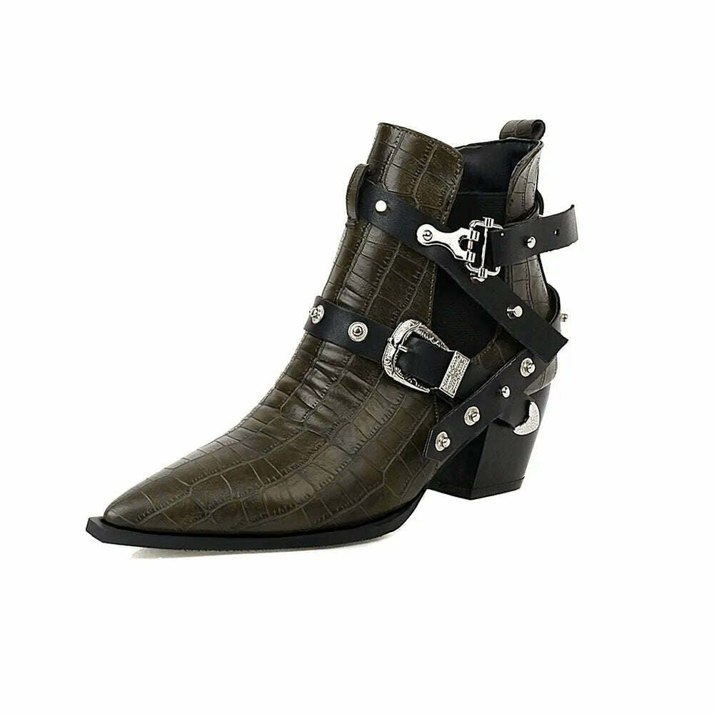 KIMLUD, Motorcycle Western Cowboy Boots Women Snake PU Leather Short Cossacks High Heels Pointed Cowgirl Booties Buckle Womens Shoes, ArmyGreen / 34, KIMLUD APPAREL - Womens Clothes