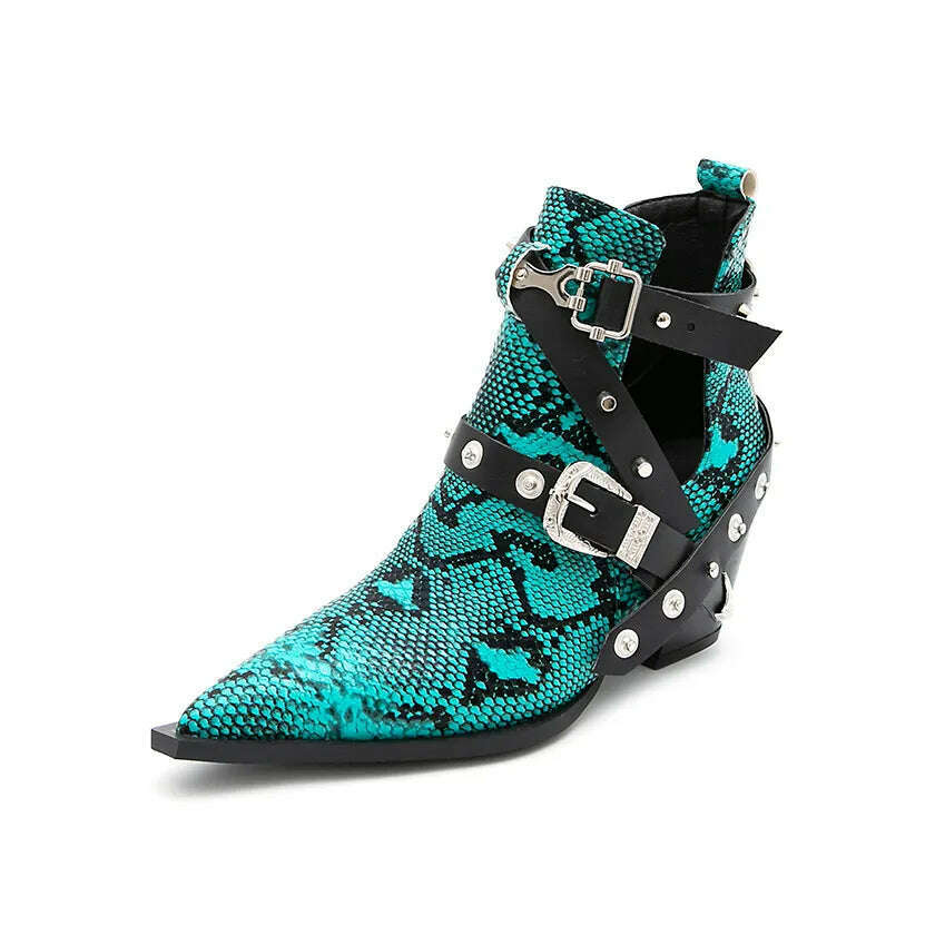 KIMLUD, Motorcycle Western Cowboy Boots Women Snake PU Leather Short Cossacks High Heels Pointed Cowgirl Booties Buckle Womens Shoes, Green A / 34, KIMLUD APPAREL - Womens Clothes