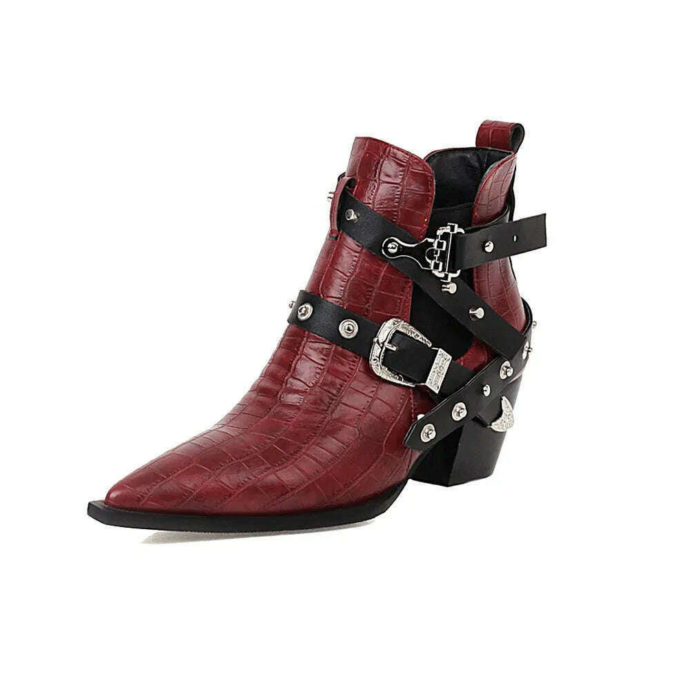 KIMLUD, Motorcycle Western Cowboy Boots Women Snake PU Leather Short Cossacks High Heels Pointed Cowgirl Booties Buckle Womens Shoes, Red / 34, KIMLUD APPAREL - Womens Clothes