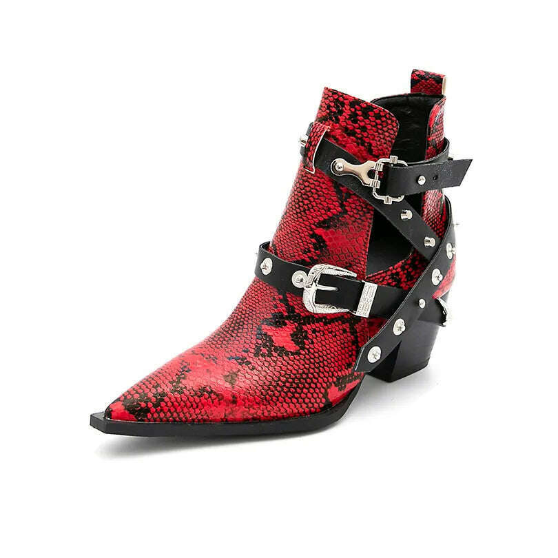 KIMLUD, Motorcycle Western Cowboy Boots Women Snake PU Leather Short Cossacks High Heels Pointed Cowgirl Booties Buckle Womens Shoes, Red A / 34, KIMLUD APPAREL - Womens Clothes