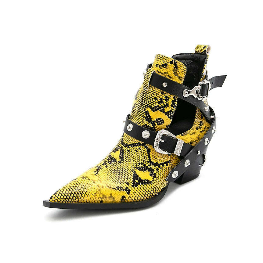 KIMLUD, Motorcycle Western Cowboy Boots Women Snake PU Leather Short Cossacks High Heels Pointed Cowgirl Booties Buckle Womens Shoes, Yellow A / 34, KIMLUD APPAREL - Womens Clothes