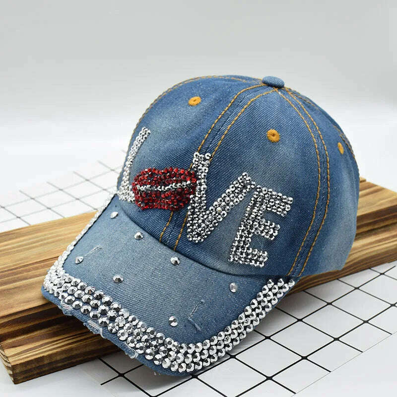 KIMLUD, Mouth LOVE Rhinestone Denim Baseball Cap Good Quality Skull Outdoor Sports Snapback Hats For Men Women 2018 Wholesale Brand, Cowboy blue / Adjustable, KIMLUD APPAREL - Womens Clothes