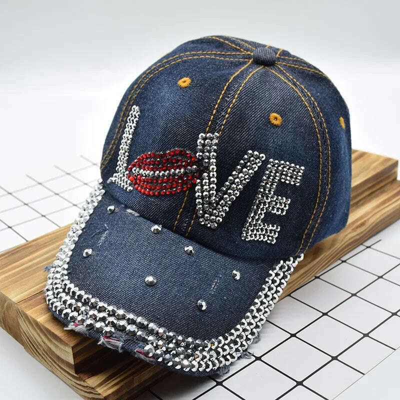 KIMLUD, Mouth LOVE Rhinestone Denim Baseball Cap Good Quality Skull Outdoor Sports Snapback Hats For Men Women 2018 Wholesale Brand, KIMLUD Womens Clothes