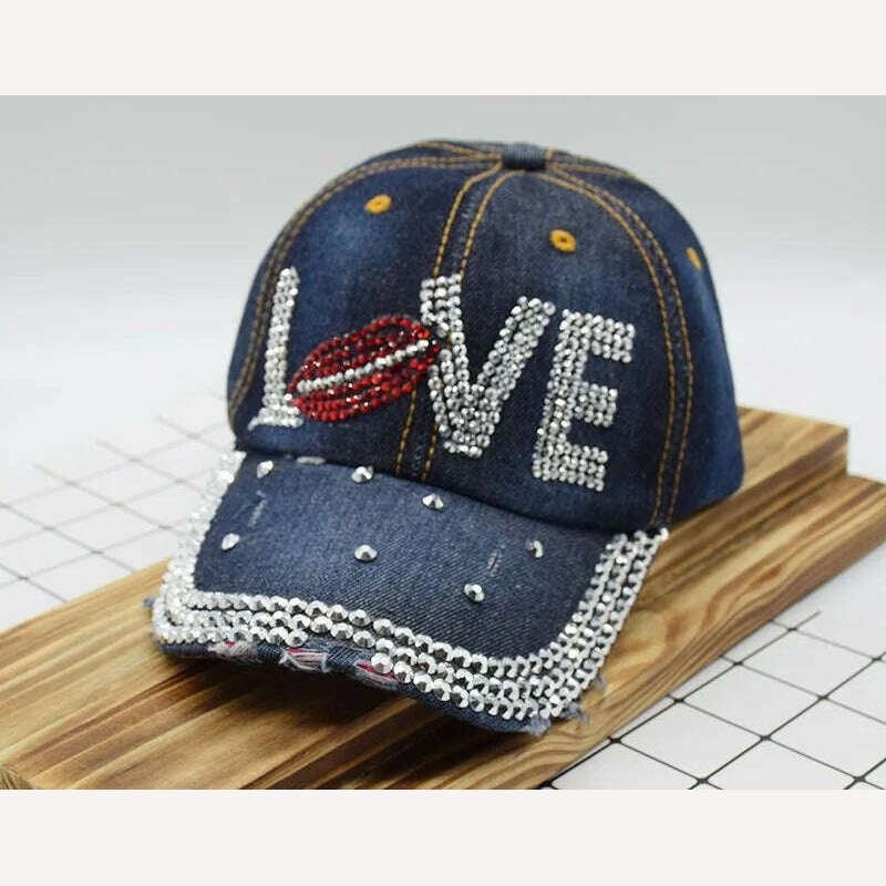 KIMLUD, Mouth LOVE Rhinestone Denim Baseball Cap Good Quality Skull Outdoor Sports Snapback Hats For Men Women 2018 Wholesale Brand, KIMLUD Womens Clothes