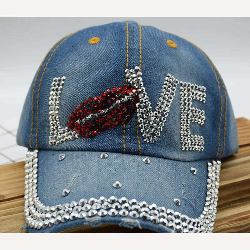 KIMLUD, Mouth LOVE Rhinestone Denim Baseball Cap Good Quality Skull Outdoor Sports Snapback Hats For Men Women 2018 Wholesale Brand, KIMLUD Womens Clothes