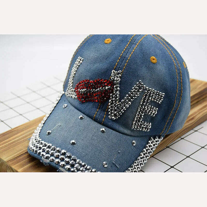 KIMLUD, Mouth LOVE Rhinestone Denim Baseball Cap Good Quality Skull Outdoor Sports Snapback Hats For Men Women 2018 Wholesale Brand, KIMLUD Womens Clothes