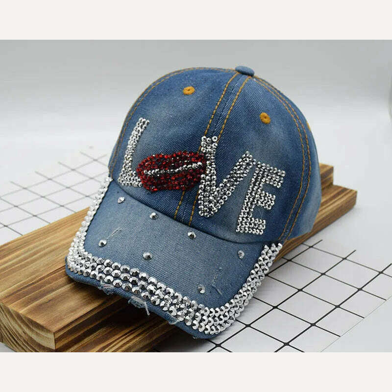 KIMLUD, Mouth LOVE Rhinestone Denim Baseball Cap Good Quality Skull Outdoor Sports Snapback Hats For Men Women 2018 Wholesale Brand, KIMLUD Womens Clothes