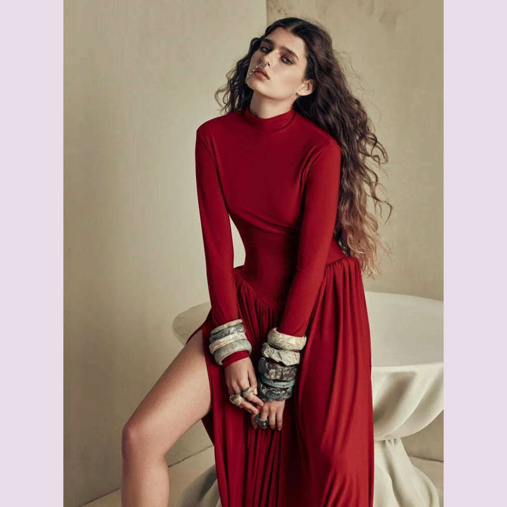 Mozision Backless O-neck Pleated Thigh Slit Long Sleeveless Autumn Winter Red Sexy Maxi Dress For Women High Waist Slim Dress - KIMLUD