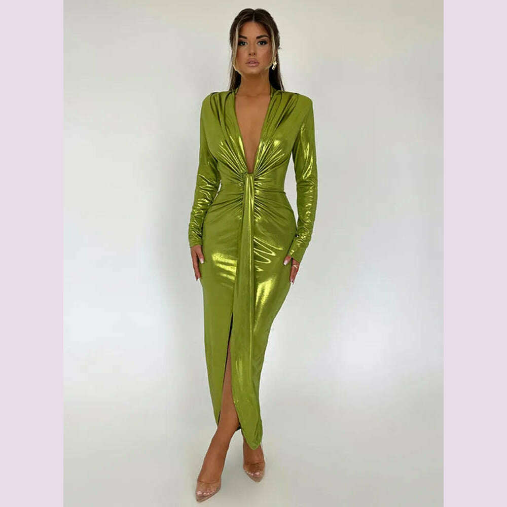 KIMLUD, Mozision Deep V Neck Long Sleeve Bodycon Maxi Dress For Women Autumn Winter New Ruched Shiny Sexy PU Leather Dress Vestidos, Green / M, KIMLUD APPAREL - Womens Clothes