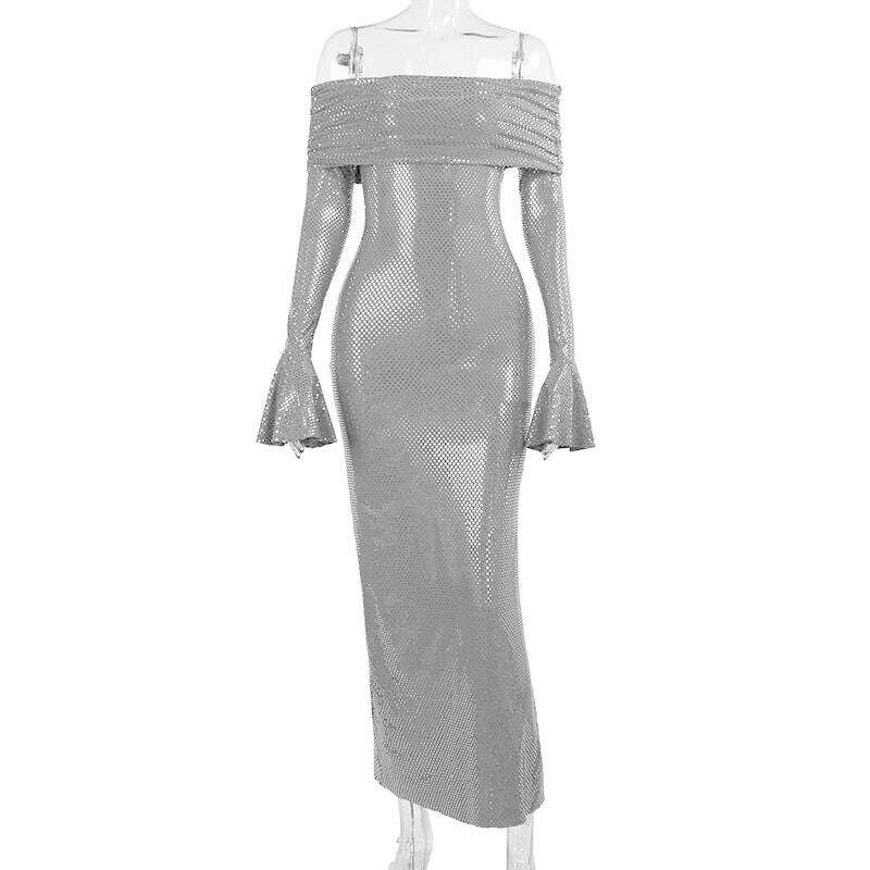 KIMLUD, Mozision Elegant Strapless Sparkle Maxi Dress For Women Fashion Off-shoulder Backless Long Flare Sleeve Bodycon Club Party Dress, Gray / S, KIMLUD APPAREL - Womens Clothes