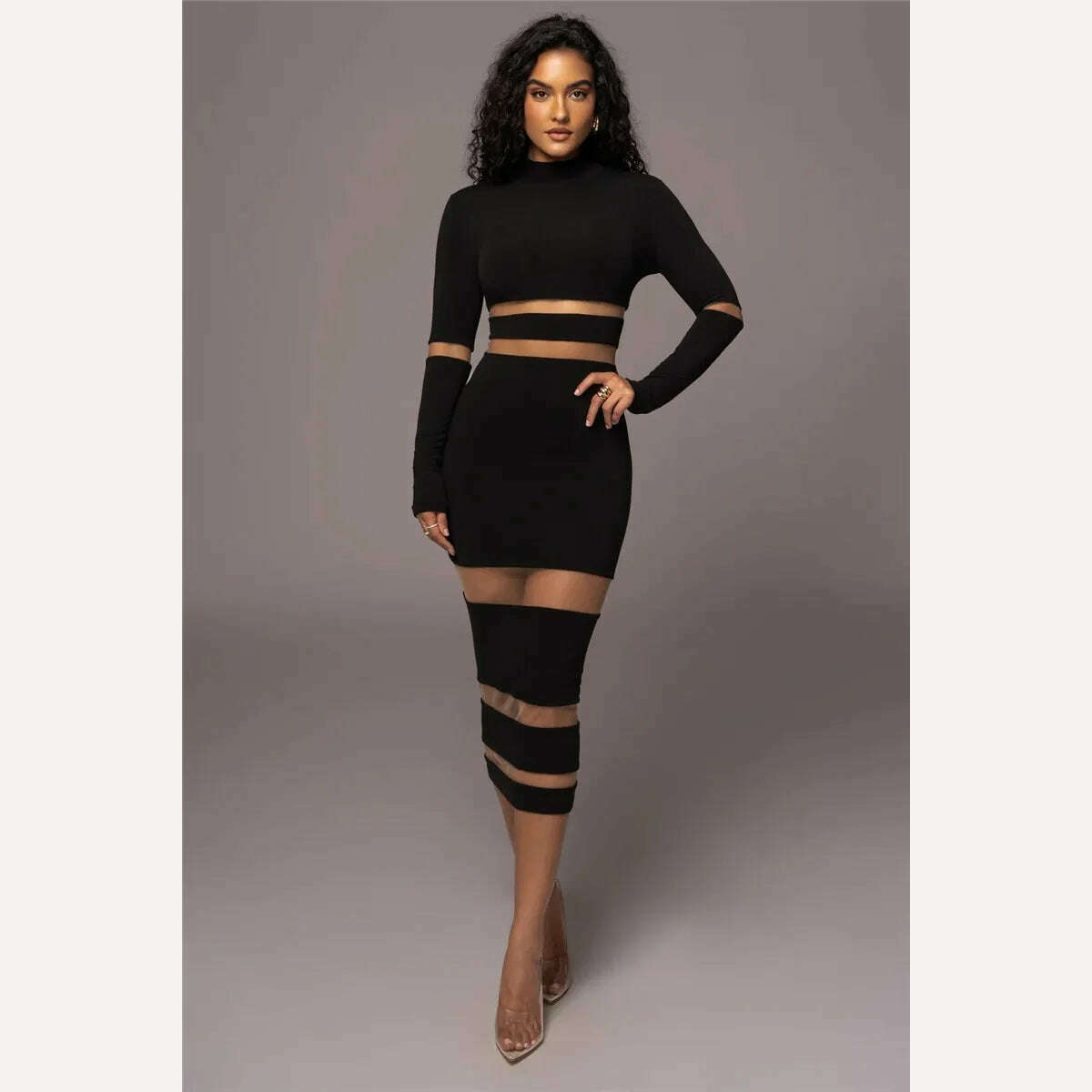 KIMLUD, Mozision Patchwork Bodycon Sexy Midi Dress For Women 2023 Autumn Winter New Turtleneck Long Sleeve Club Party Sexy Dress Elegant, KIMLUD Womens Clothes