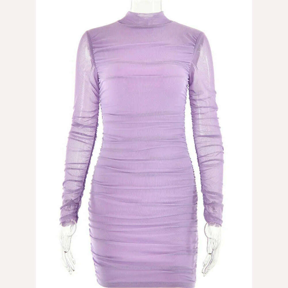 KIMLUD, Mozision Turtleneck Long Sleeve Ruched Mini Dress Women 2023 Autumn Winter New Two Layer Mesh Bodycon Sexy Dress Femme Vestidos, Purple / S, KIMLUD APPAREL - Womens Clothes